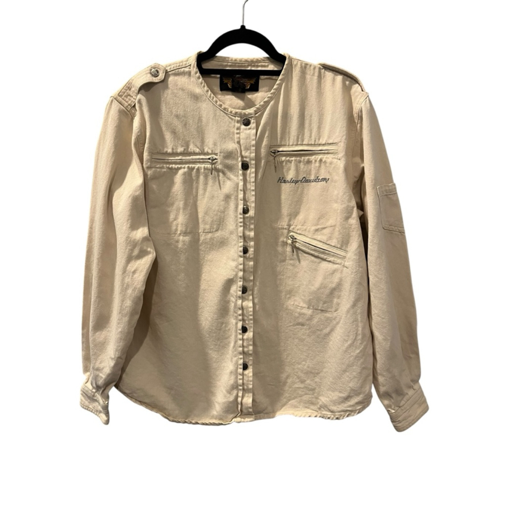 Harley Davidson Vintage 90's Ivory Embroidered Snap Front Shirt Men's Size Large